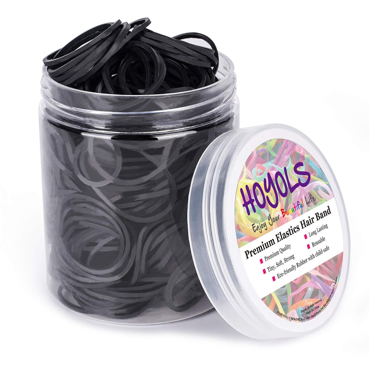 Élastiques à cheveux HOYOLS noirs dans leur contenant transparent