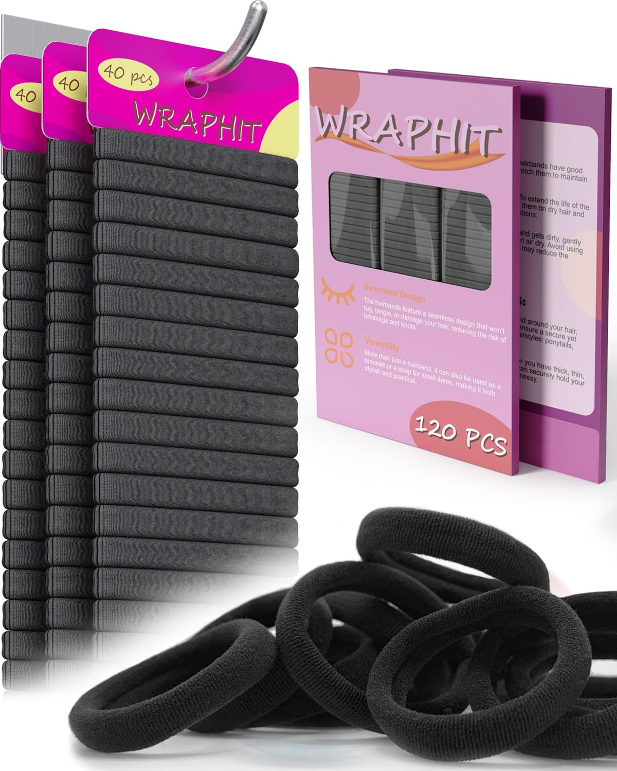 Élastiques à cheveux Wraphit 120 pièces noirs, vue de face