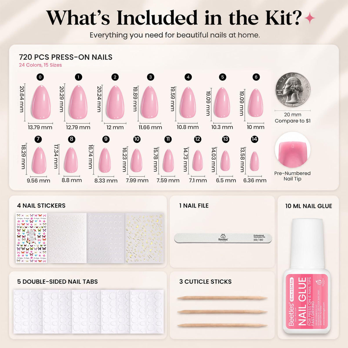 Éléments du kit d'ongles press-on Beetles incluant colle et autocollants