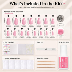 Éléments du kit d'ongles press-on Beetles incluant colle et autocollants