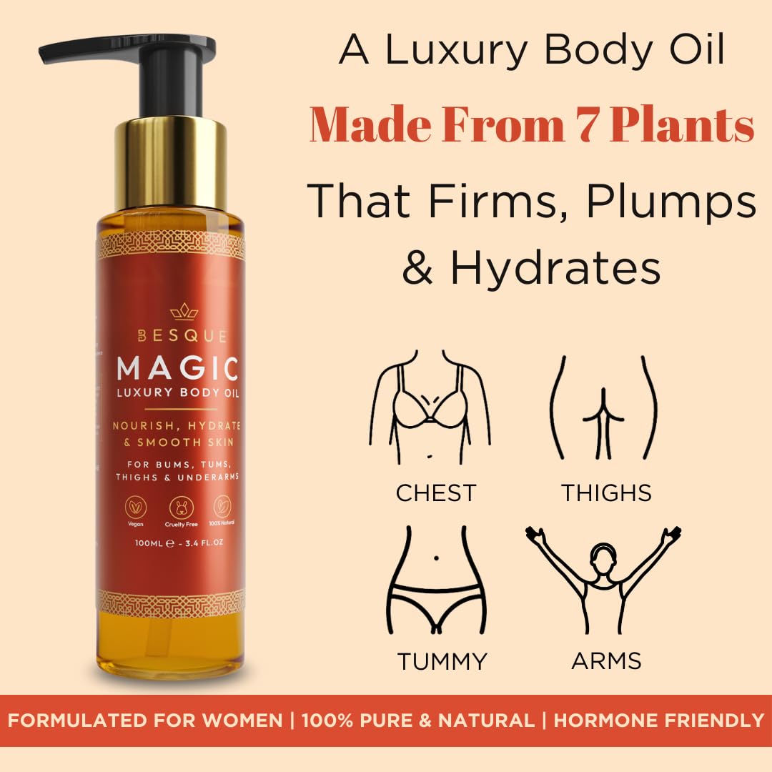 Emballage de Besque Magic Body Oil avec logo