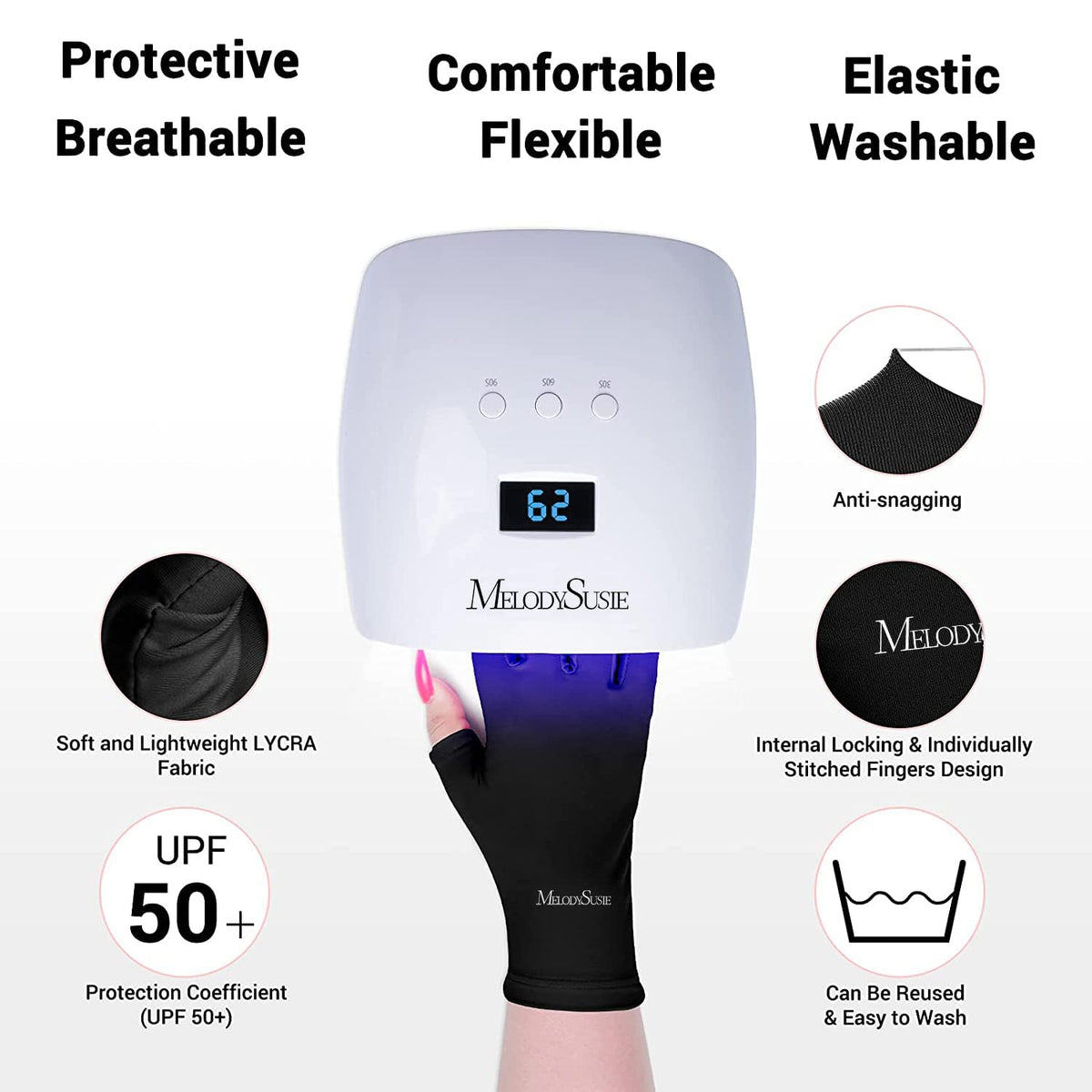 Emballage des gants UV MelodySusie sur une surface plane