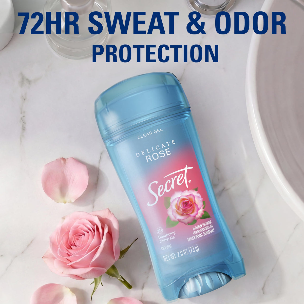 Emballage du déodorant Secret, 100g, avec mention de la certification cruelty-free