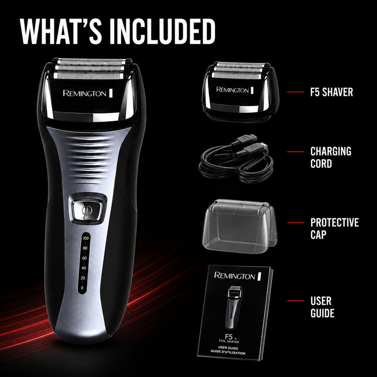Emballage du rasoir Remington F5 avec accessoires inclus