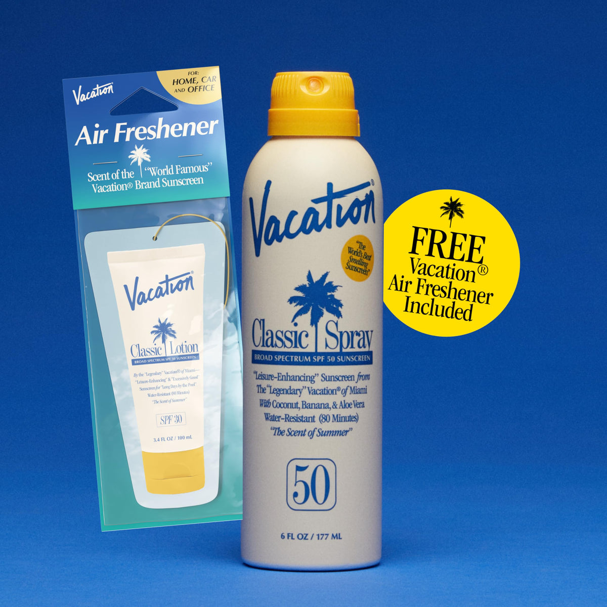 Emballage du spray solaire VACATION SPF 50 avec des éléments de plage