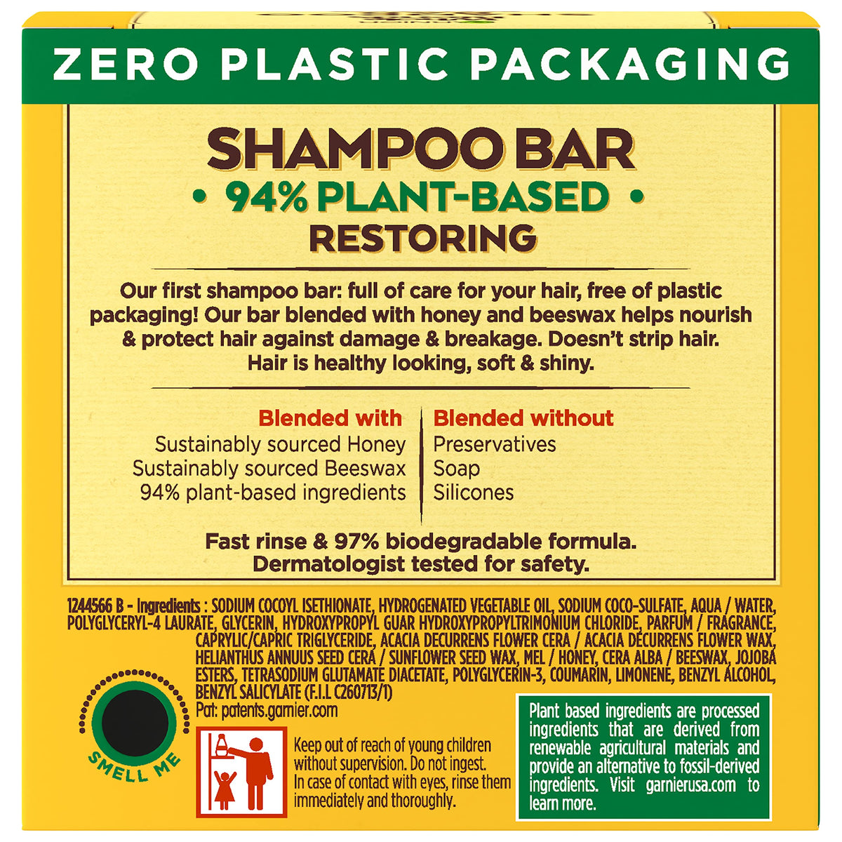 Emballage recyclable du shampooing solide Garnier Miel