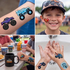 Enfant appliquant un tatouage temporaire monstre truck JCFIRE