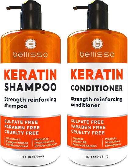 Ensemble BELLISSO shampooing et après-shampooing à la kératine, vue de face
