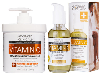 Ensemble Crème Éclaircissante Vitamine C et Huile Corporelle avant et après