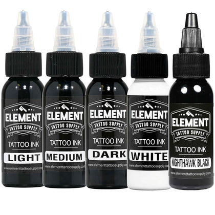 Ensemble d'encres greywash 1oz Element Tattoo Supply avec 5 teintes