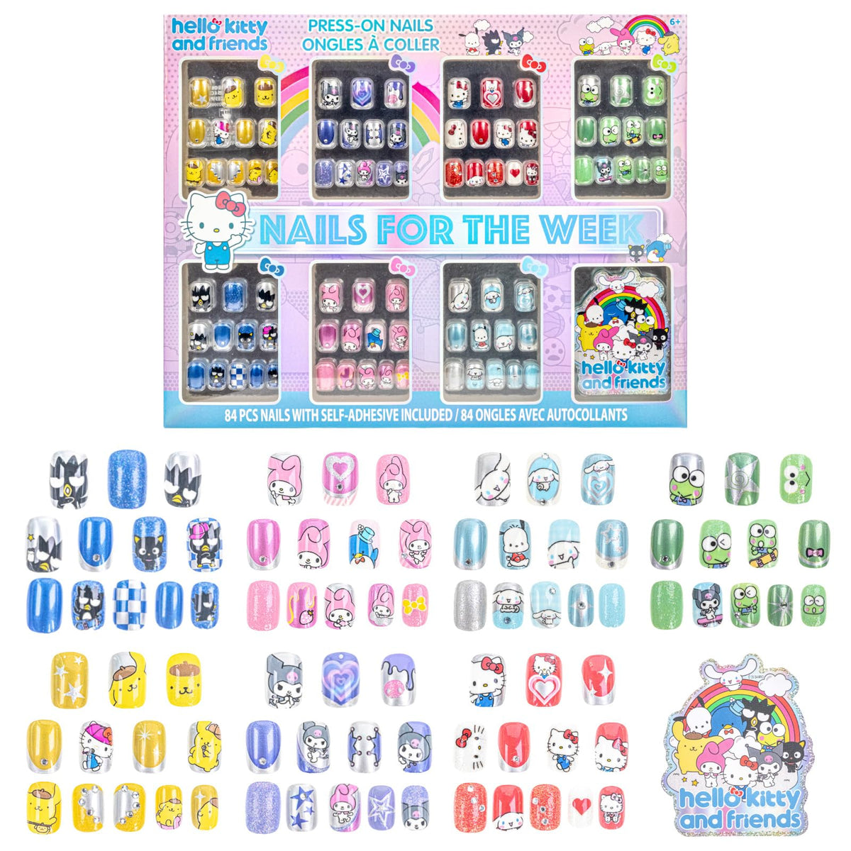 Ensemble d'ongles press-on Hello Kitty avec 84 pièces colorées