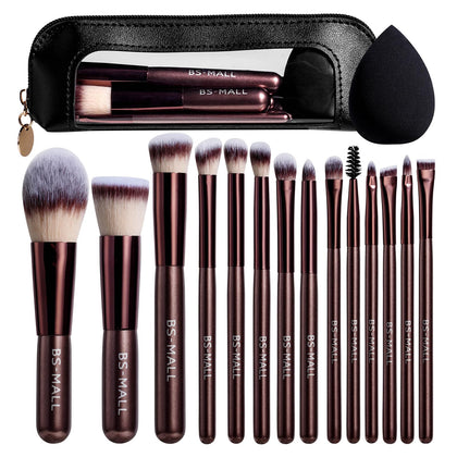 Ensemble de 14 pinceaux de maquillage BS-MALL avec étui de voyage, couleur café