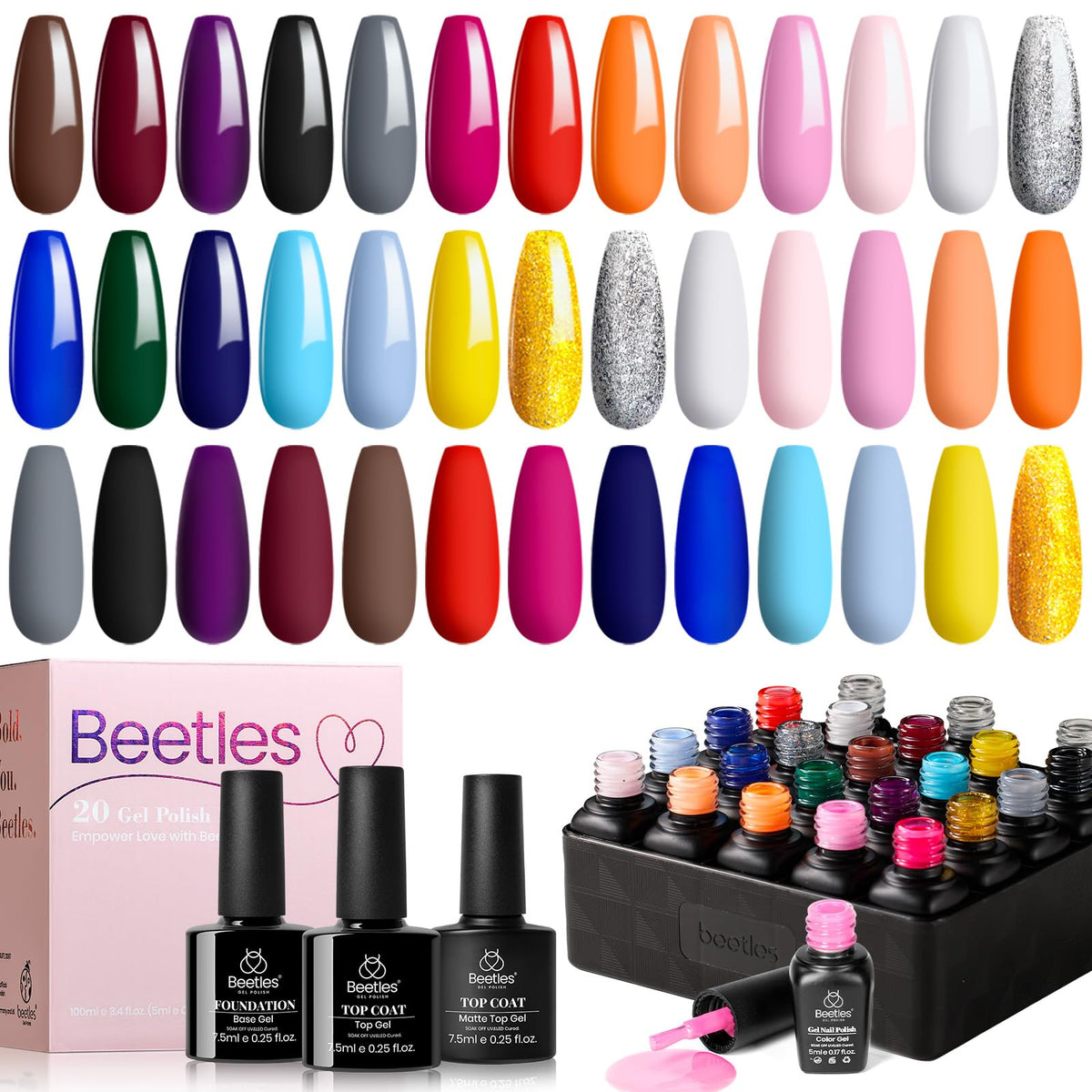 Ensemble de 20 vernis à ongles neon beetles, vue de face