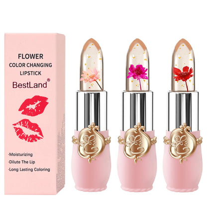 Ensemble de 3 rouges à lèvres Jelly Fleurs de BestLand avec fleurs et paillettes dorées