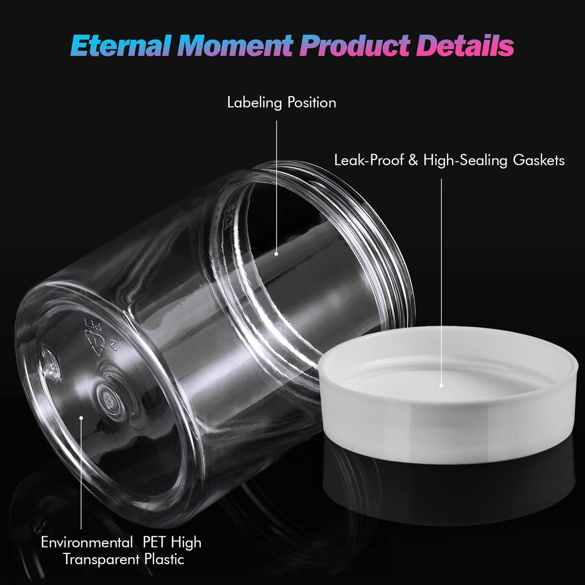 Ensemble de 36 pots en plastique transparent d'Eternal Moment sur une étagère