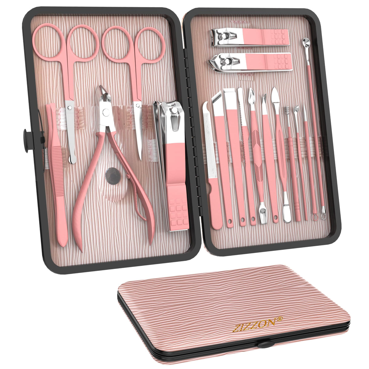 Ensemble de manucure ZIZZON 18 en 1 avec étui rose ouvert