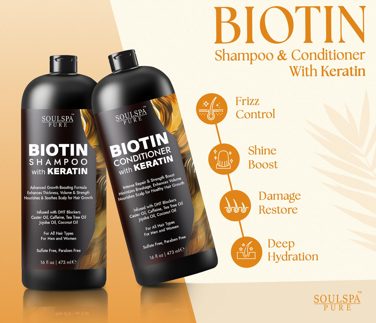 Ensemble de shampooing et après-shampooing Biotine SOULSPA PURE sur fond neutre