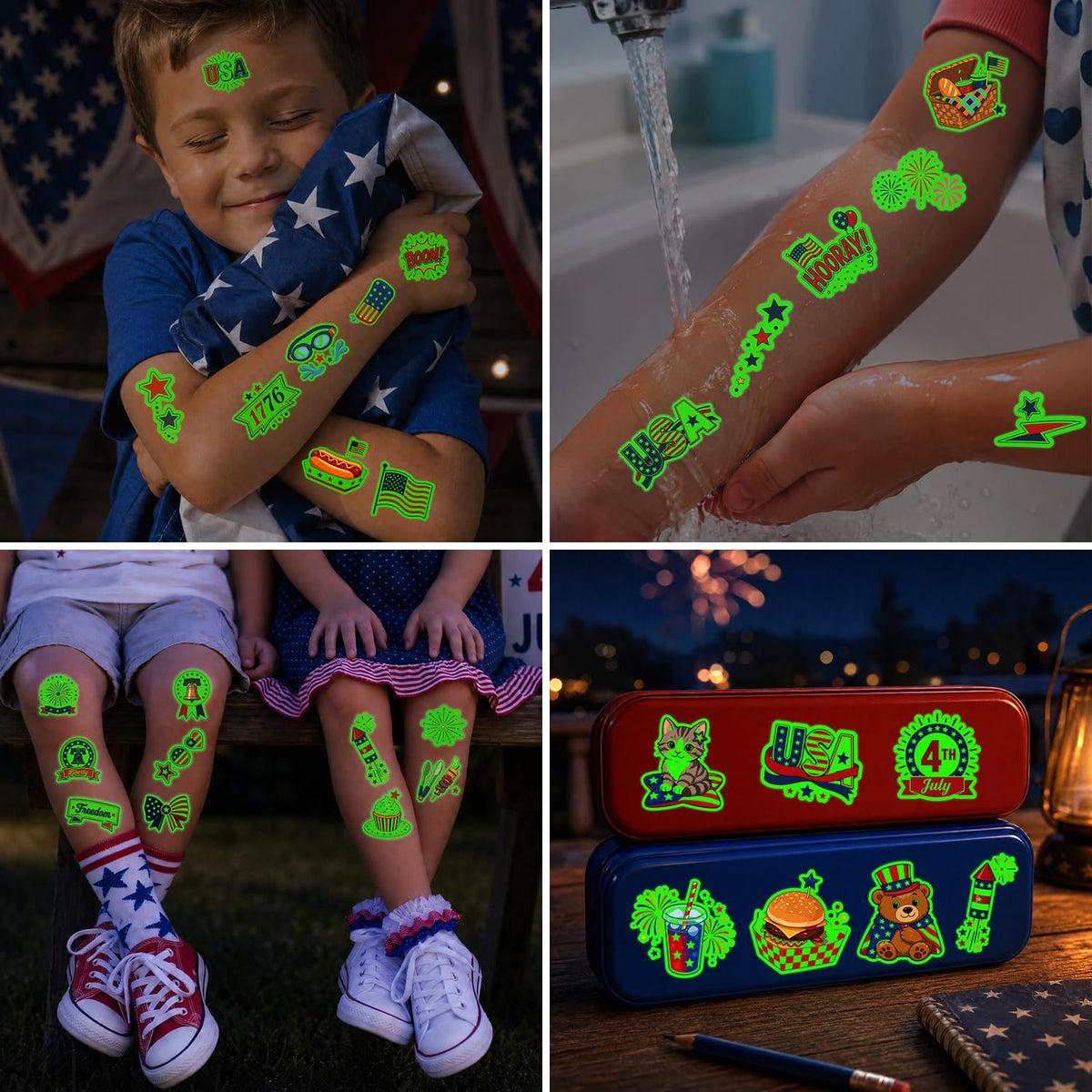Ensemble de tatouages temporaires JCFIRE pour le 4 Juillet, décorations colorées