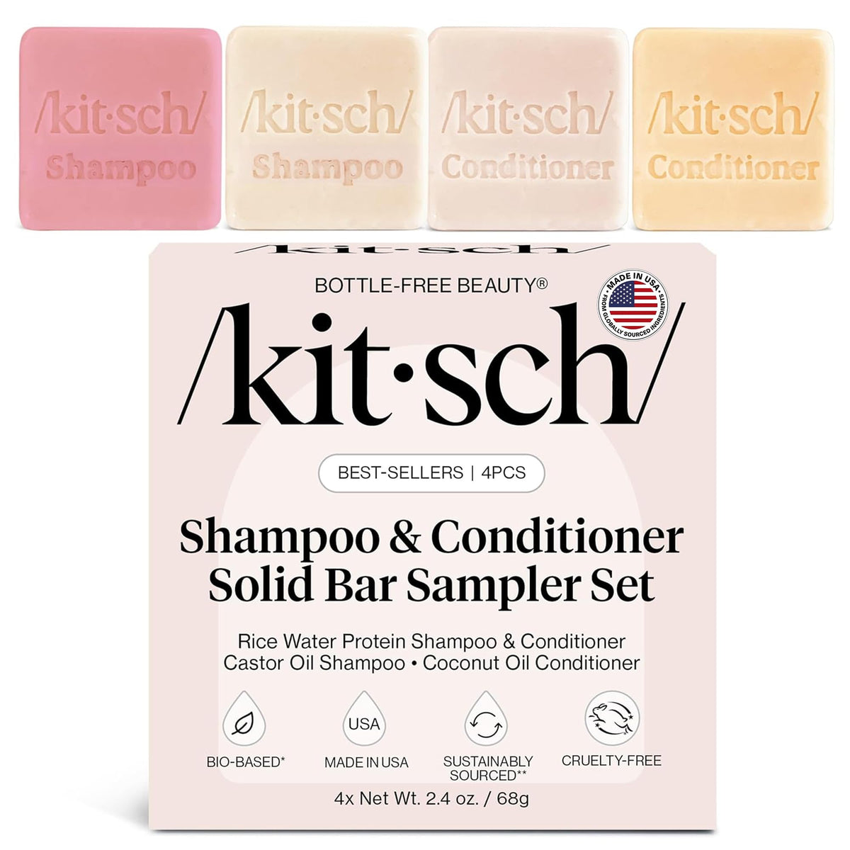 Ensemble Kitsch de 4 barres de shampooing et après-shampoing, présentation frontale