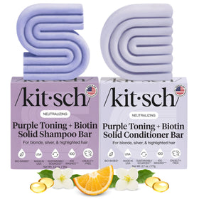 Ensemble Kitsch Shampoo et Après-Shampooing Violet sur fond blanc