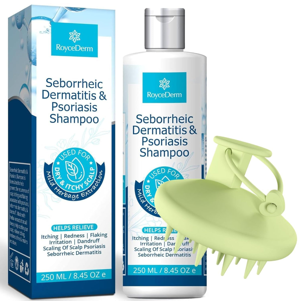 Ensemble Roycederm avec shampooing psoriasis et brosse massante en silicone