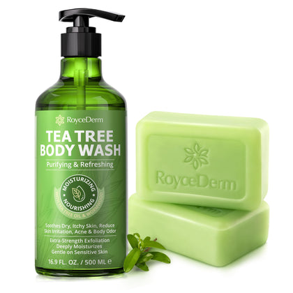 Ensemble Roycederm gel douche et savon bar au théier vue de face