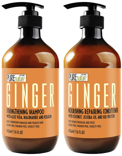 Ensemble shampooing et après-shampooing au gingembre Pure Nature Lux Spa avec étiquette visible