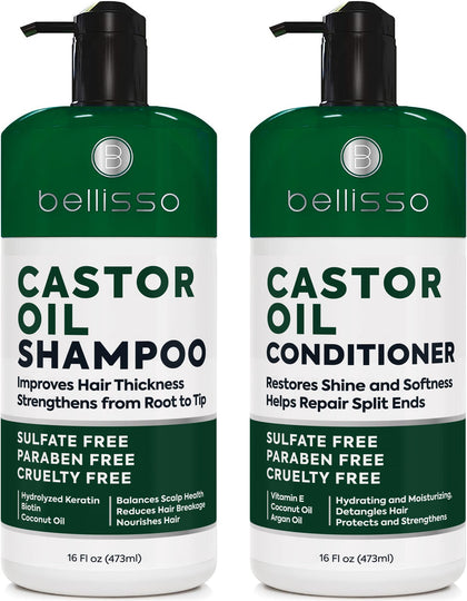 Ensemble shampooing et après-shampooing BELLISSO à l'huile de ricin, vue avant