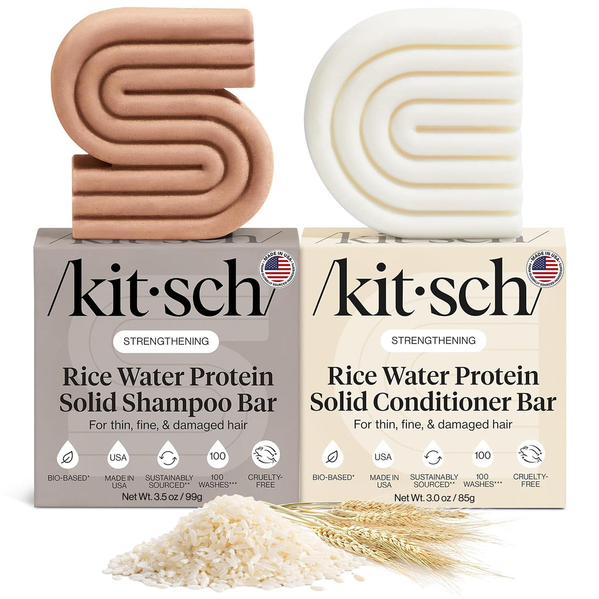 Ensemble shampooing et après-shampooing solides Kitsch à l'eau de riz, vue avant