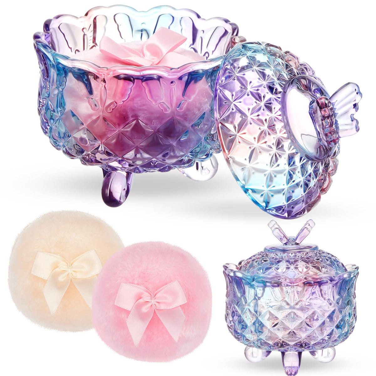 Ensemble Tioncy de puffs à poudre avec conteneur en verre, vue de face