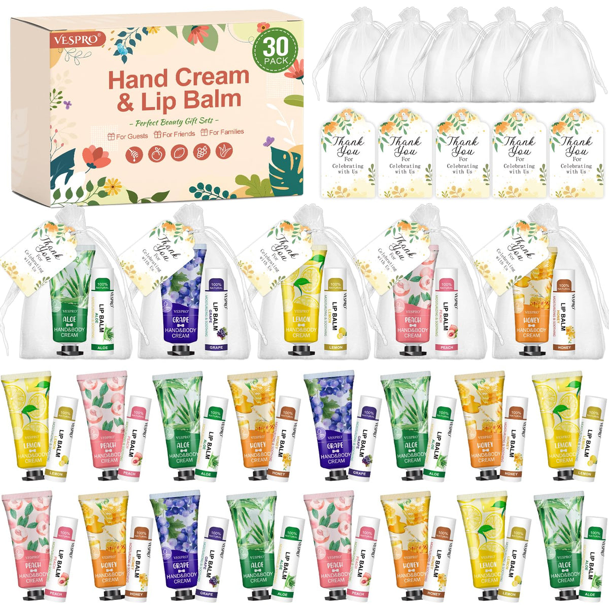 Ensemble VESPRO de 30 crèmes pour les mains et baumes à lèvres en présentation