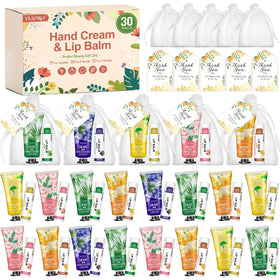 Ensemble VESPRO de 30 crèmes pour les mains et baumes à lèvres en présentation
