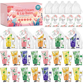 Ensemble VESPRO de 80 crèmes pour les mains et baumes à lèvres avec sachets en organza