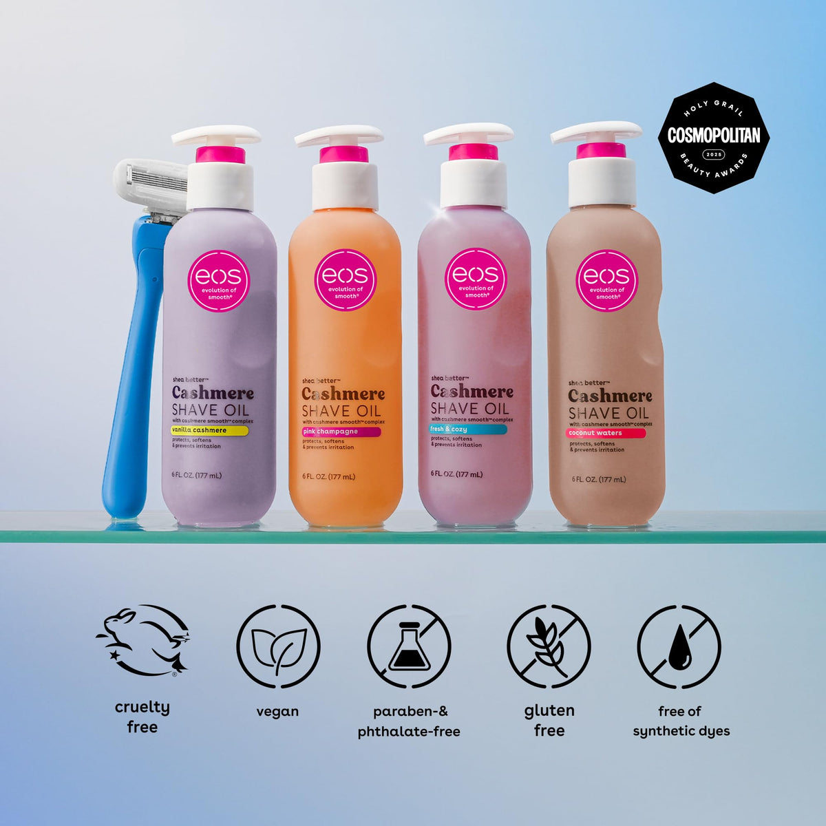 eos Huile de Rasage Cashmere Vanille en situation de salle de bain