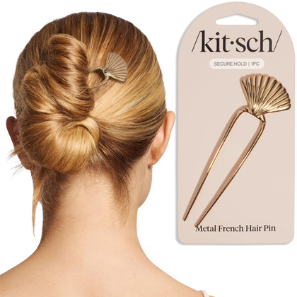 Épingle à cheveux française Kitsch en métal coquillage doré, vue avant