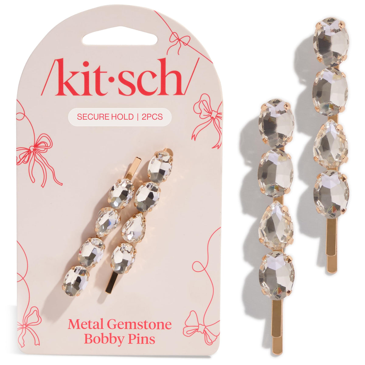 Épingles à cheveux Kitsch avec gemmes blanches, vue de face