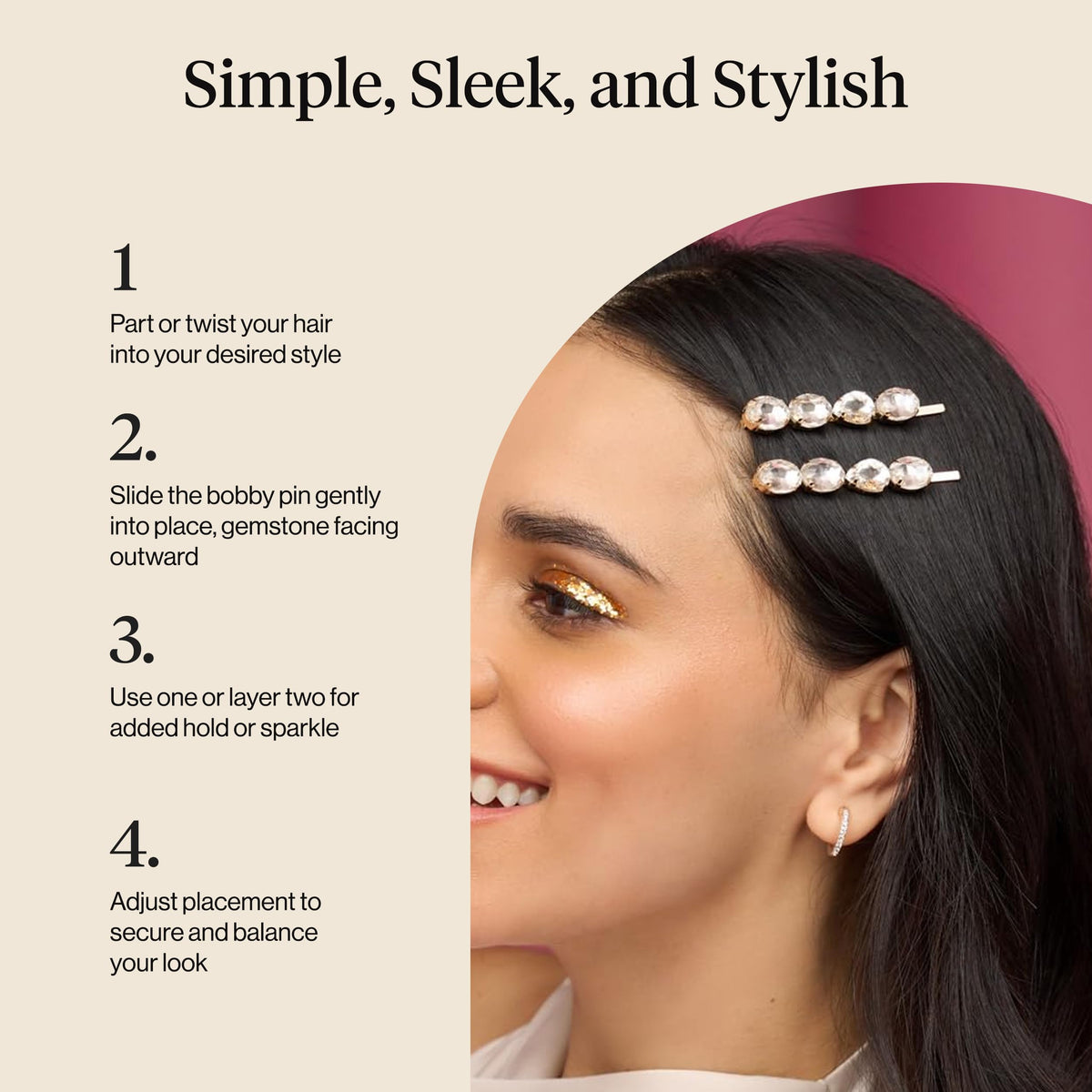 Épingles à cheveux Kitsch avec gemmes blanches, vue latérale