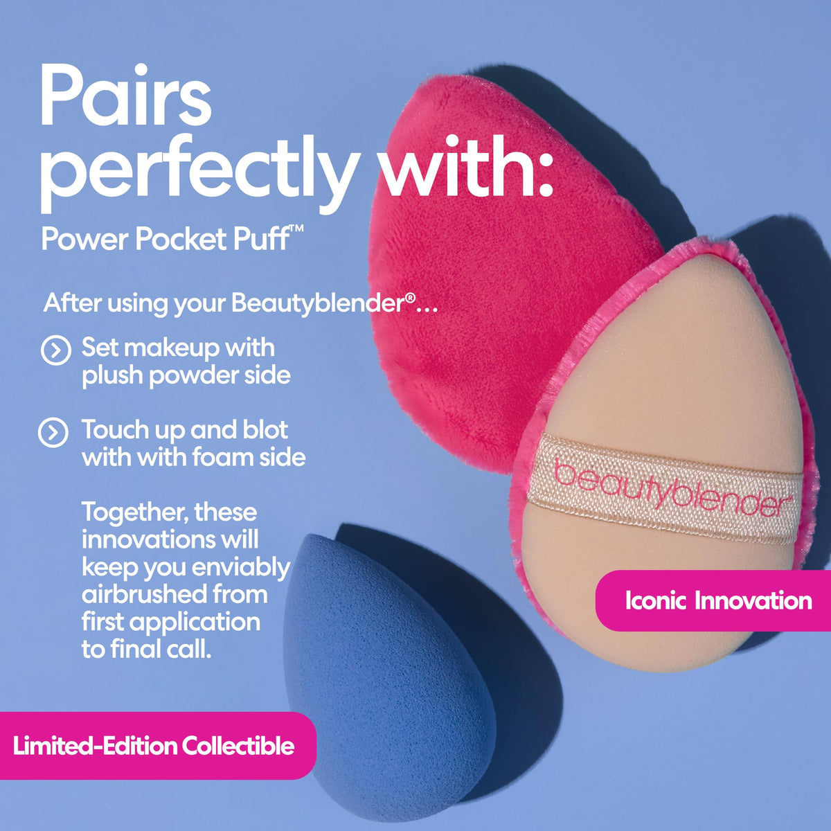 Éponge à maquillage denim beautyblender avec d'autres outils de maquillage