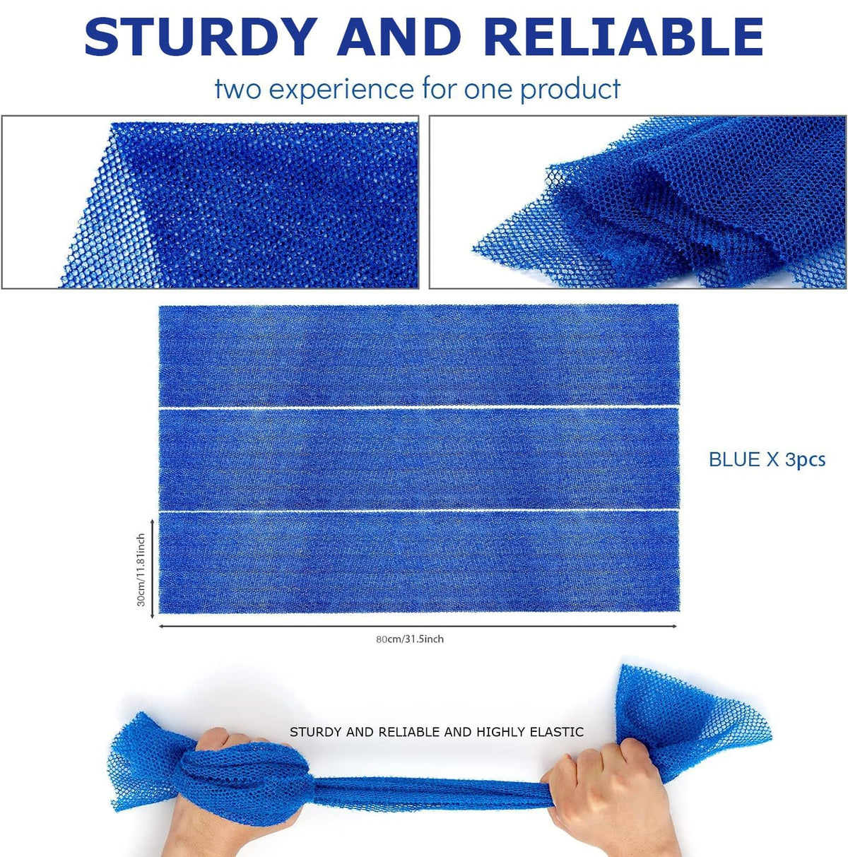 Éponge de bain UJFQBH déroulée, montrant sa longueur de 80 cm