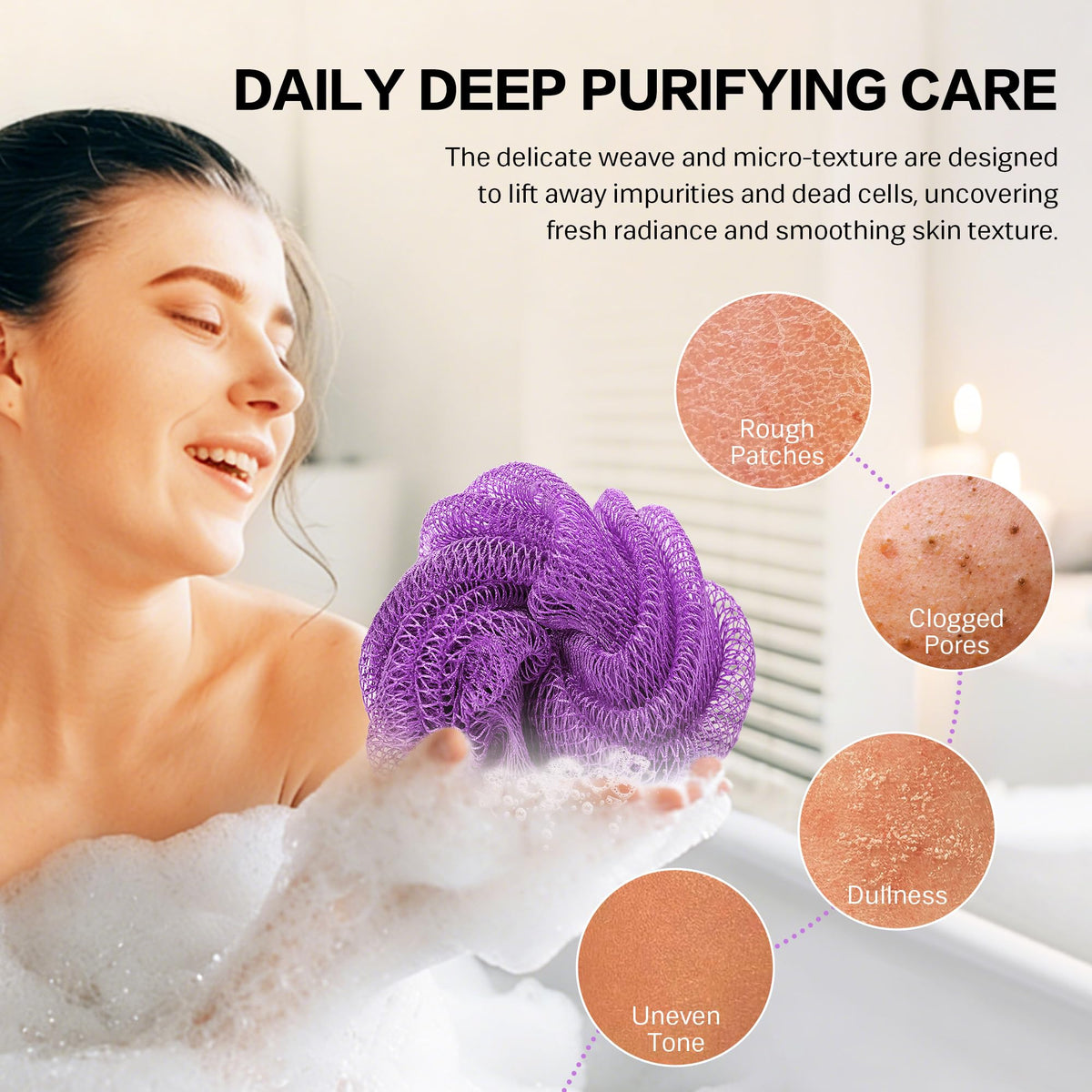 Éponge de bain UJFQBH vue de côté avec mousse