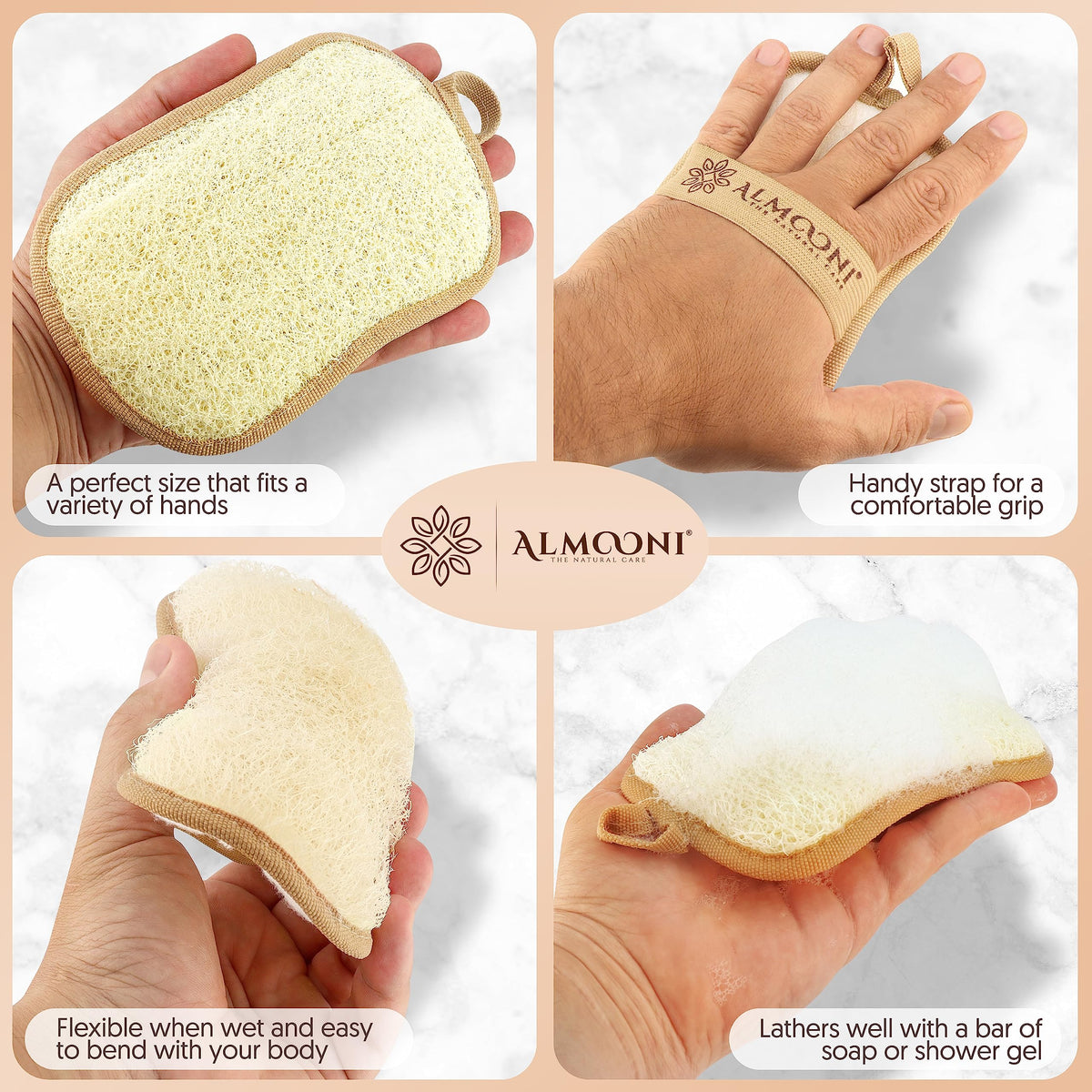 Éponge de loofah ALMOONI posée sur une surface de bain