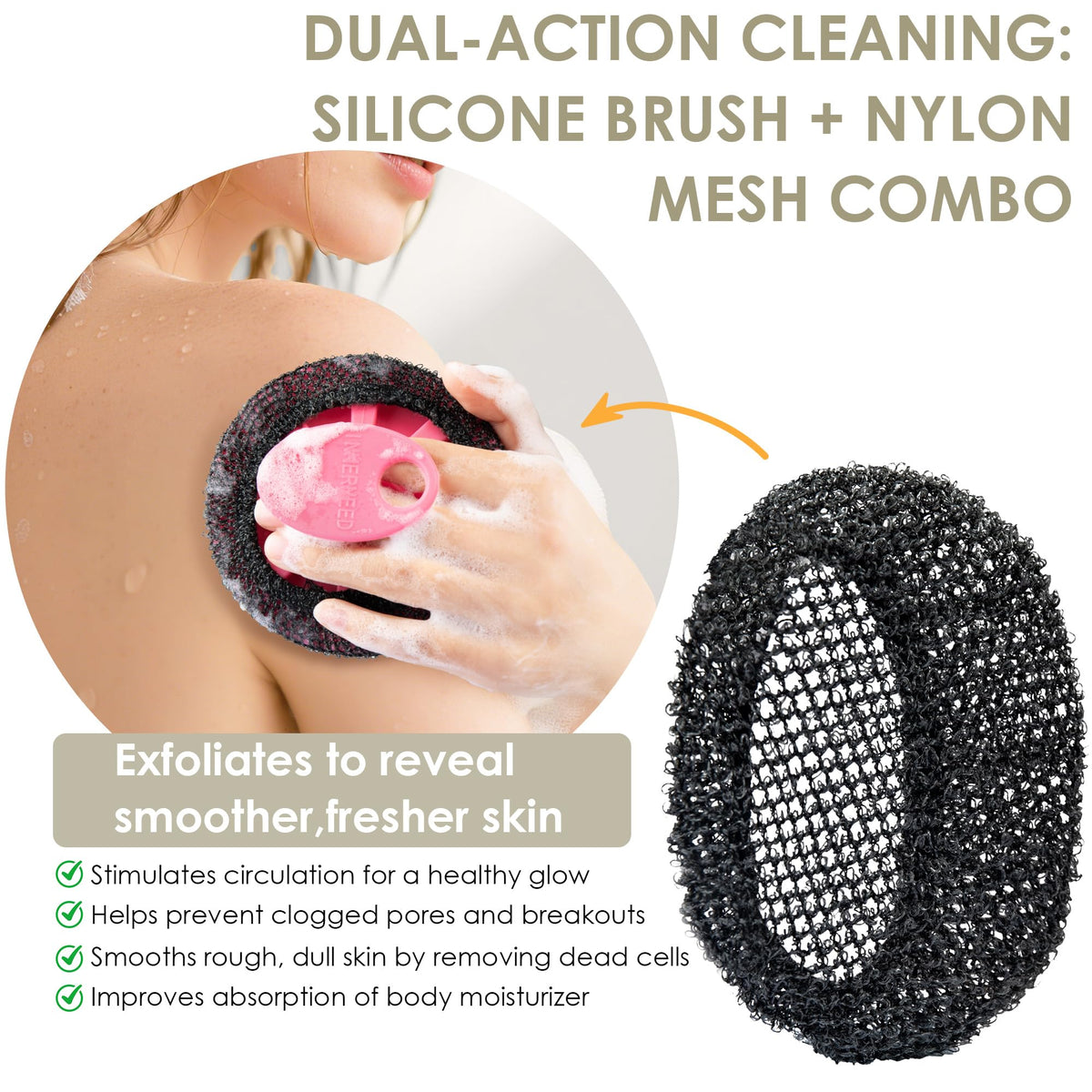 Éponge exfoliante INNERNEED en maille nylon avec gommage en silicone