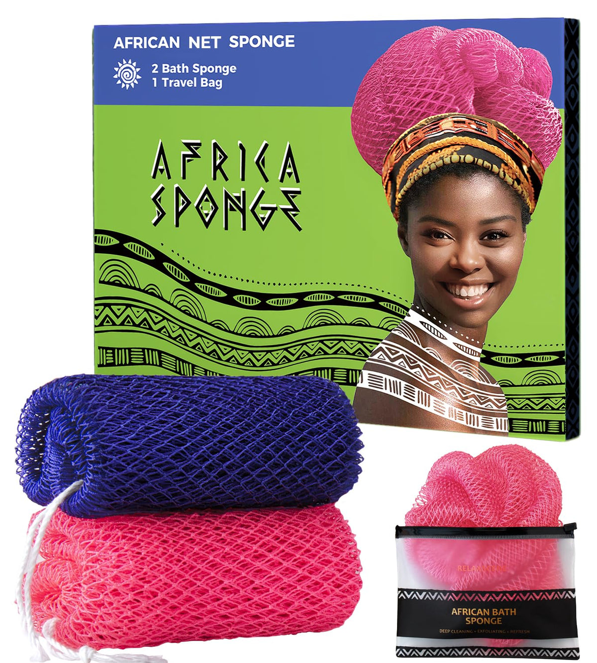 Éponge luffa africaine RelaxScene vue de face avec design coloré