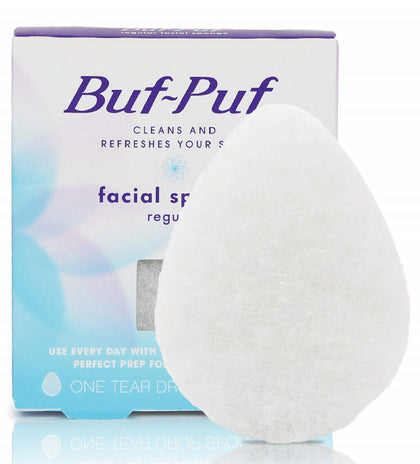 Éponge visage Buf-Puf blanche vue de face