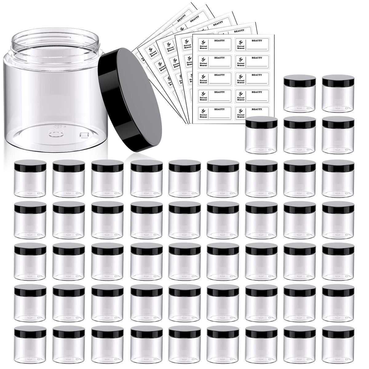 Eternal Moment pots en plastique transparents de 2 oz avec couvercles noirs