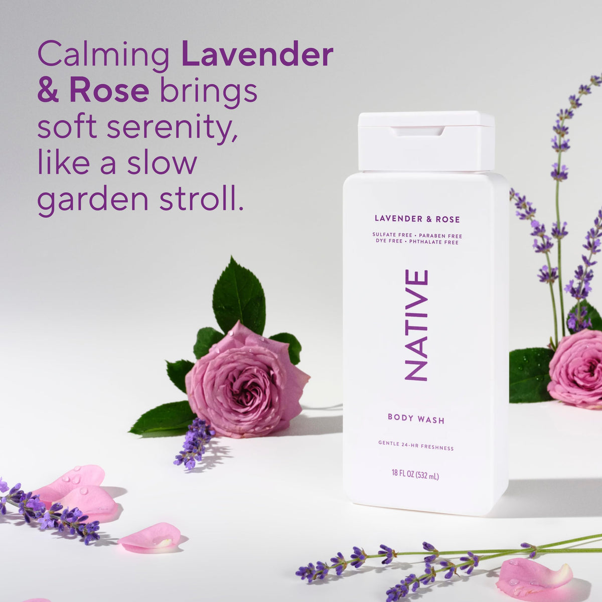 Étiquette du gel douche Lavande & Rose avec ingrédients