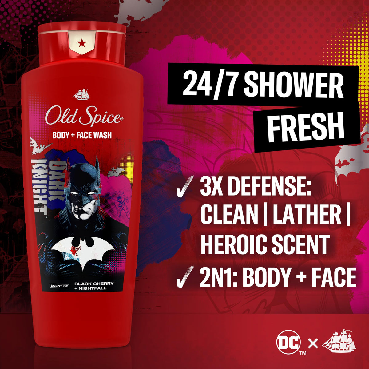 Étiquette du Gel Douche Old Spice Batman montrant le parfum cerise noire