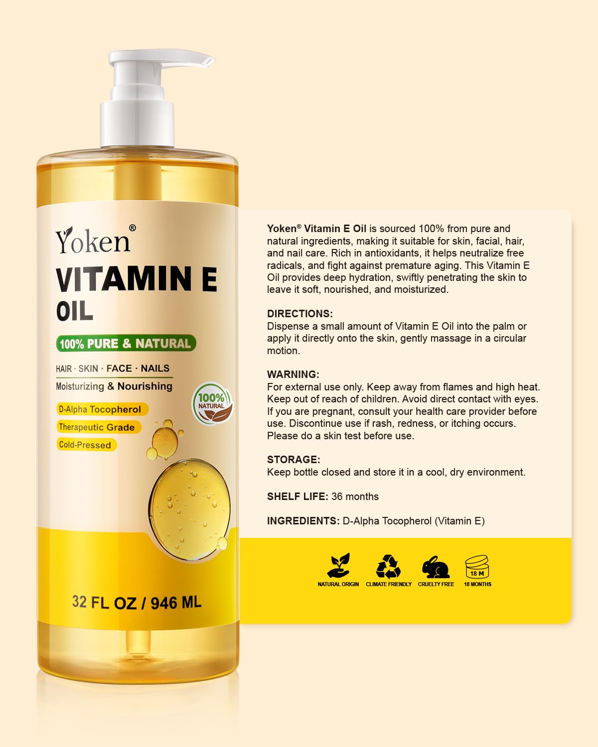 Étiquette du produit Yoken Huile de Vitamine E