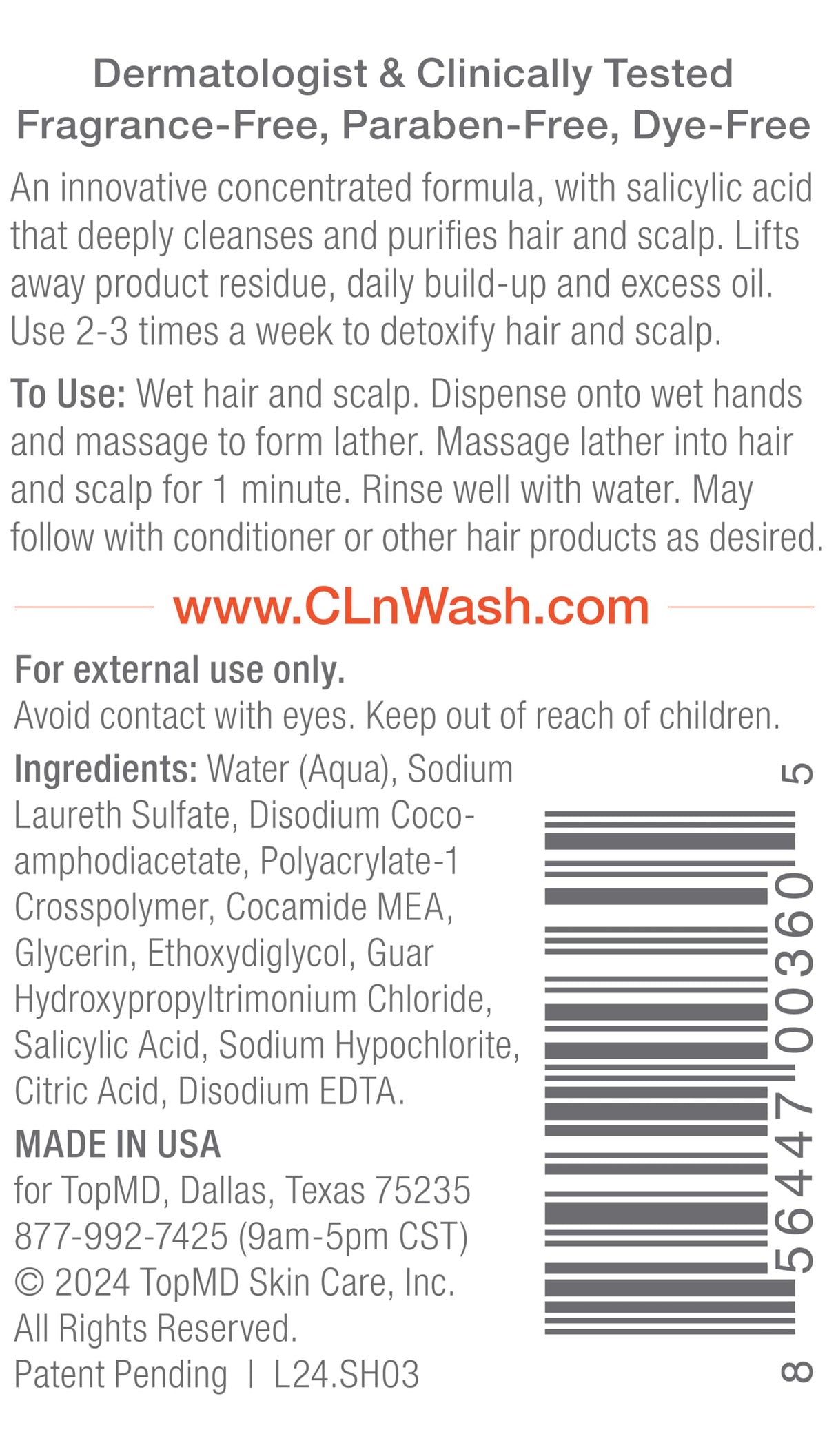 Étiquette du shampooing CLn 110g