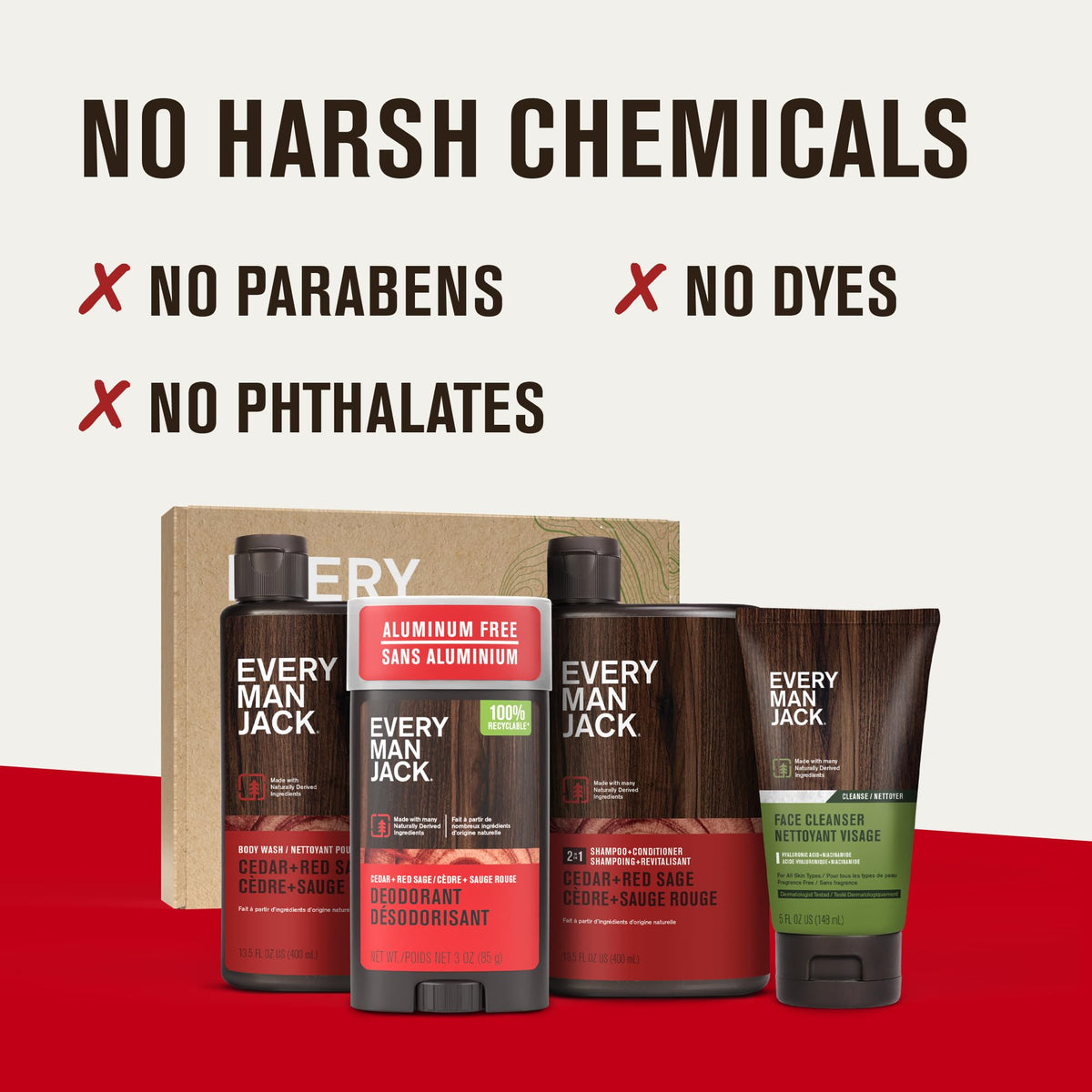 Étiquettes des produits de soins Every Man Jack avec ingrédients naturels